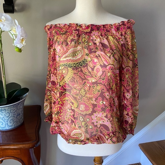 Loft Paisley Pink Sheer Off Shoulder Top - Picture 2 of 6